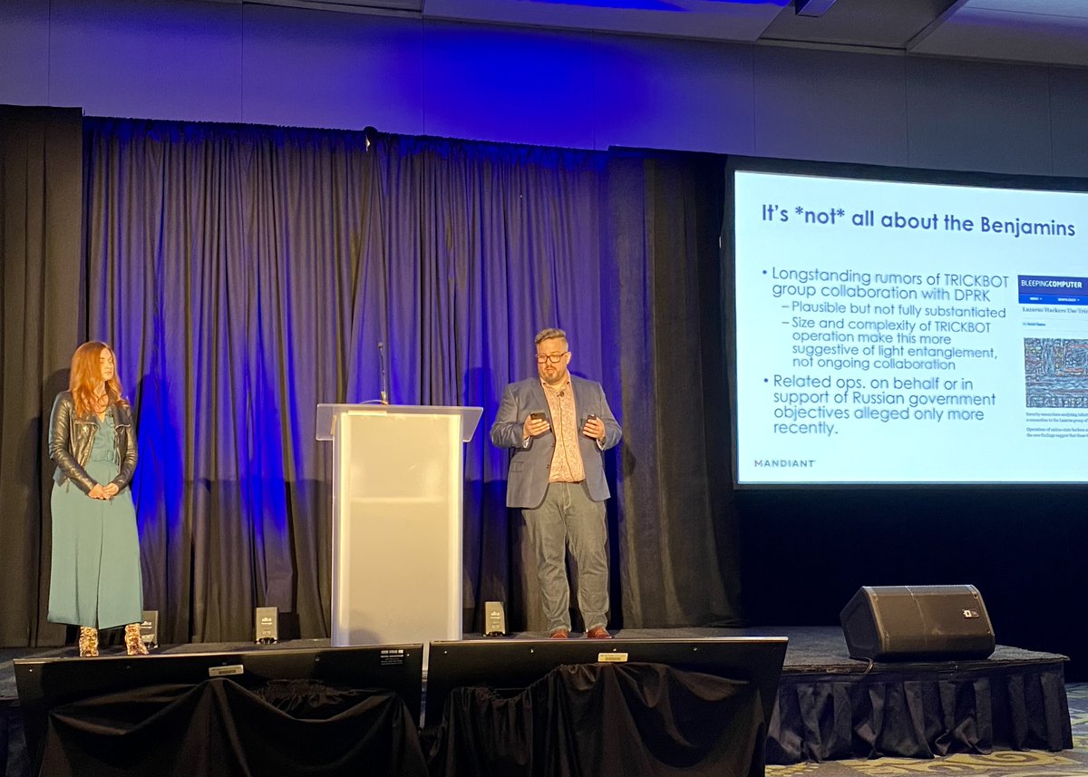 Mandiant's tweet photo. It's NOT all about the Benjamins! Beginning in April 2022 we saw activity with overlaps to TRICKBOT ecosystem operations targeting Ukraine with multiple payloads, per Mandiant's Jeremy Kennelly & @tiskimbersenior during their "Inside #ContiLeaks" session at #mWISE Conference https://t.co/YAtKNGljRU