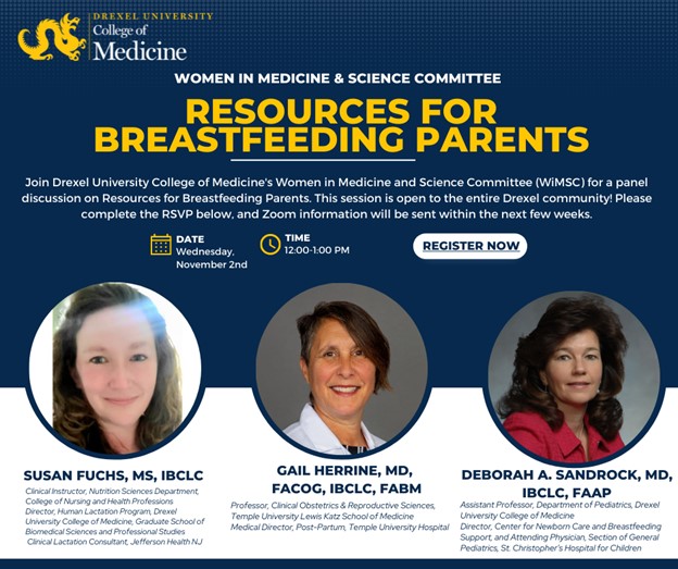 DrexelWimsc's tweet image. Join us for our panel on Resources for Breastfeeding Parents!
On Weds, 11/2, 12-1 EST, we'll discuss strategies to support parents in the workplace, tools for clinicians, and workplace entitlements.
Registration: drexel.edu/medicine/news-…
#WomenInSTEM
#WomenInMedicine