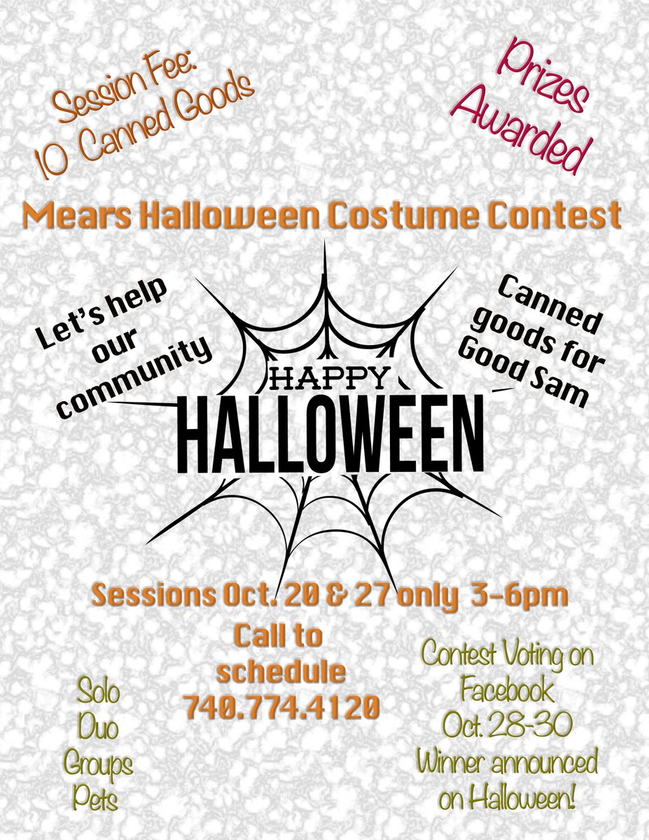Its Halloween Contest time!! We are so excited to have fun while also helping our community! Call today as session times are limited! The only session fee is 10 canned foods that will be donated in our community!! We can't wait to see what great things y'all come up with!