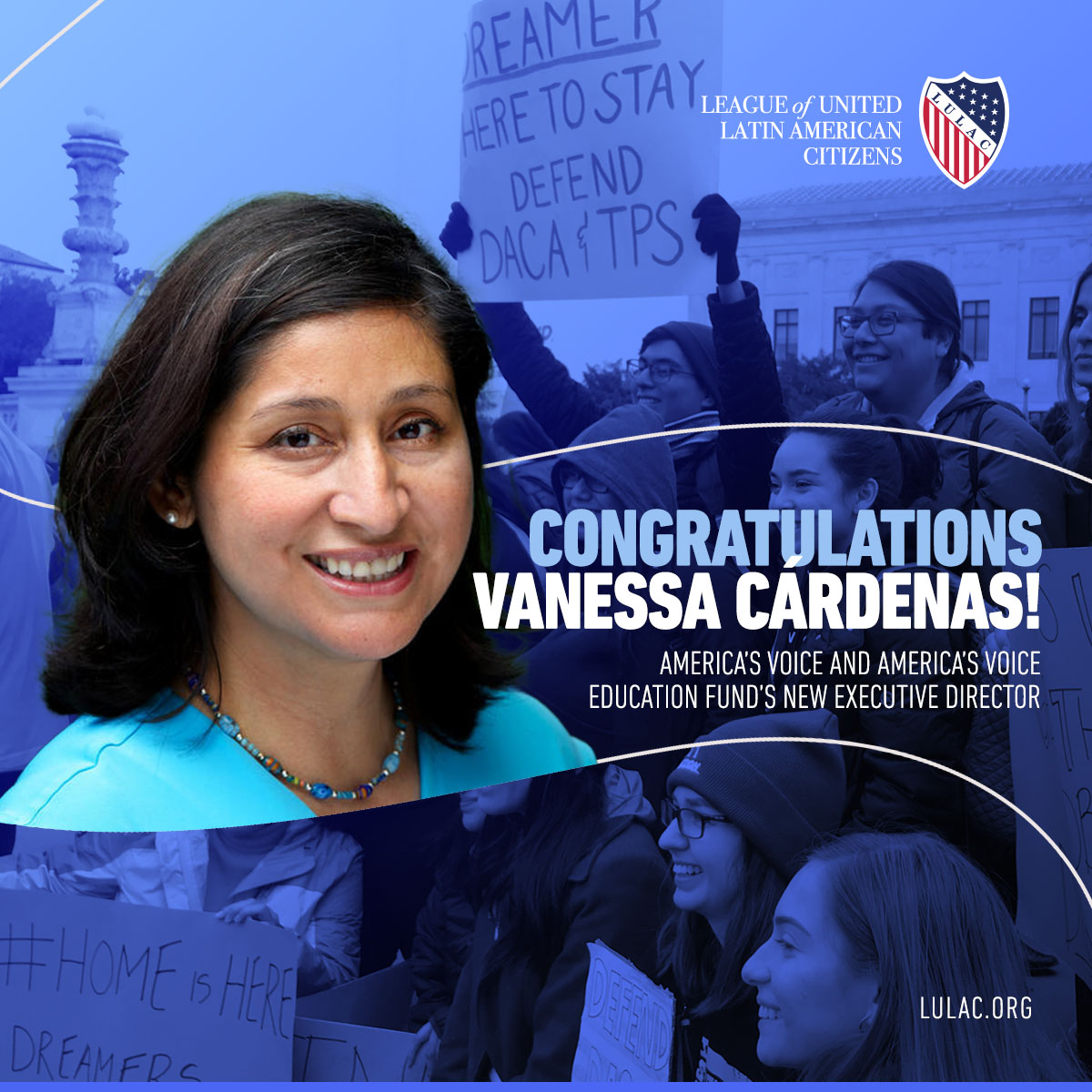 LULAC's tweet photo. LULAC would like to congratulate Vanessa Cárdenas for her new role as the Executive Director of America's Voice &amp; America's Voice Education Fund! She continues to be an inspiring leader in women’s political empowerment, Latino voters &amp; much more. We wish you the best Vanessa! https://t.co/cqNmfiv7eE