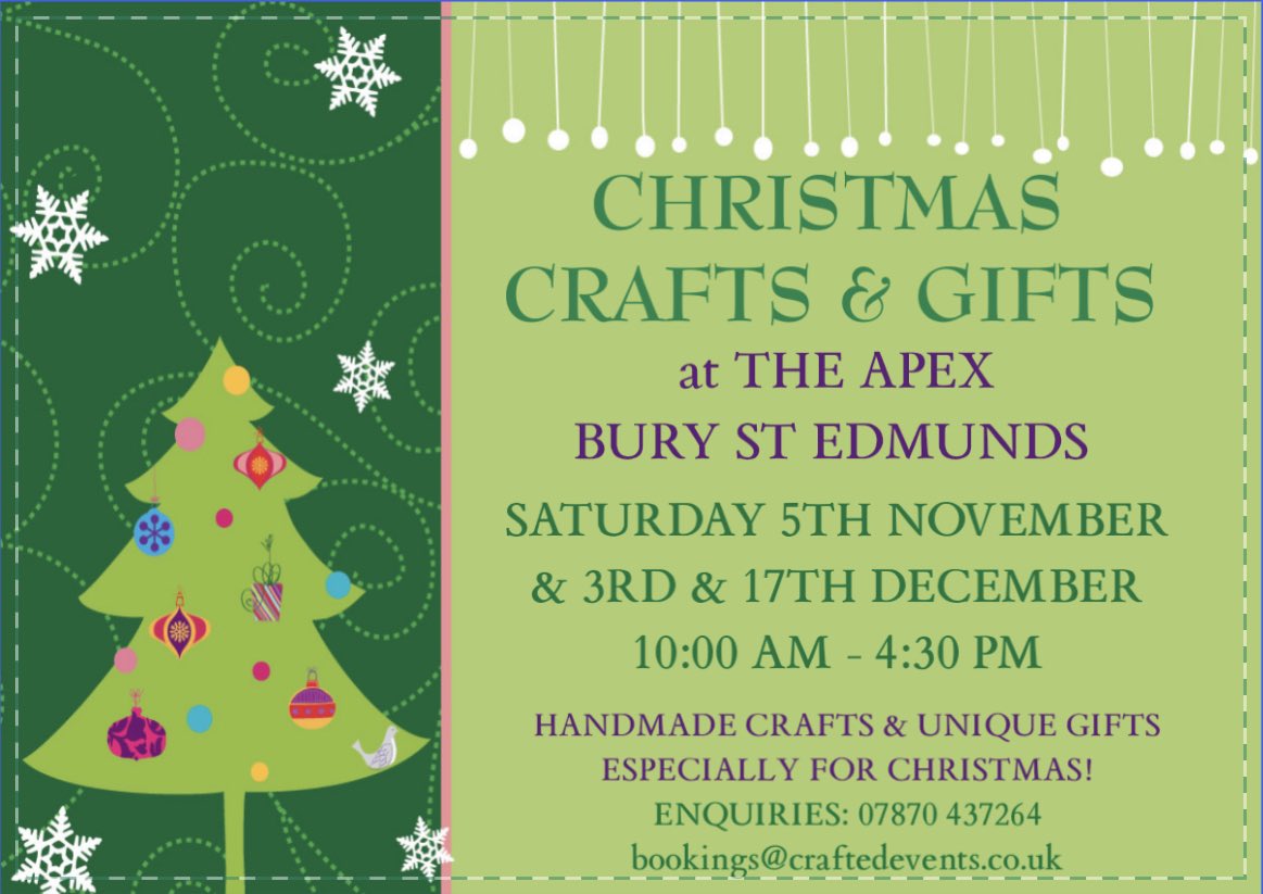 BuryStEdsCraftF's tweet photo. #crafts #gifts #theapex #burystedmunds #whatson #events #suffolk #makers #presents #christmas NOV 5TH DEC 3RD &amp; 17TH 🛍🎁🎄Shopping time 💫 https://t.co/oYoeAycGWQ