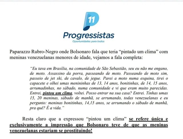 GuilhermeBoulos's tweet photo. CONFISSÃO DE PEDOFILIA? Ação judicial de partido do governo diz claramente: Bolsonaro disse que "pintou um clima" porque teve a impressão que "as meninas de 14 anos estavam se prostituindo". https://t.co/IFTQU0azG6