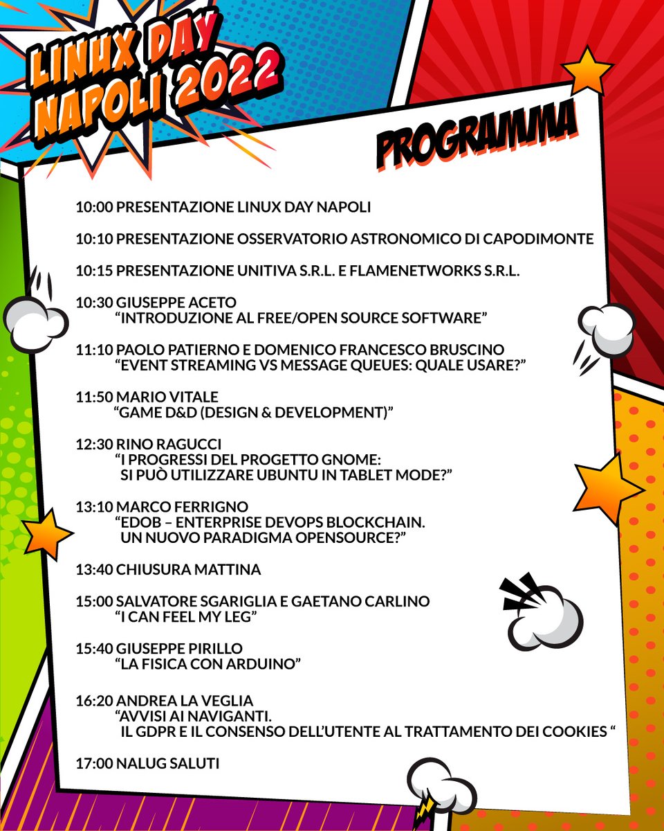 napoli_lug's tweet photo. Ecco il programma di sabato 😍
https://t.co/WY5vaemk35
#linuxday2022 #linuxday #ldna22 #linuxdaynapoli #napoli #opensource #Linux #gnulinux #nalug https://t.co/dG49lsZa6s