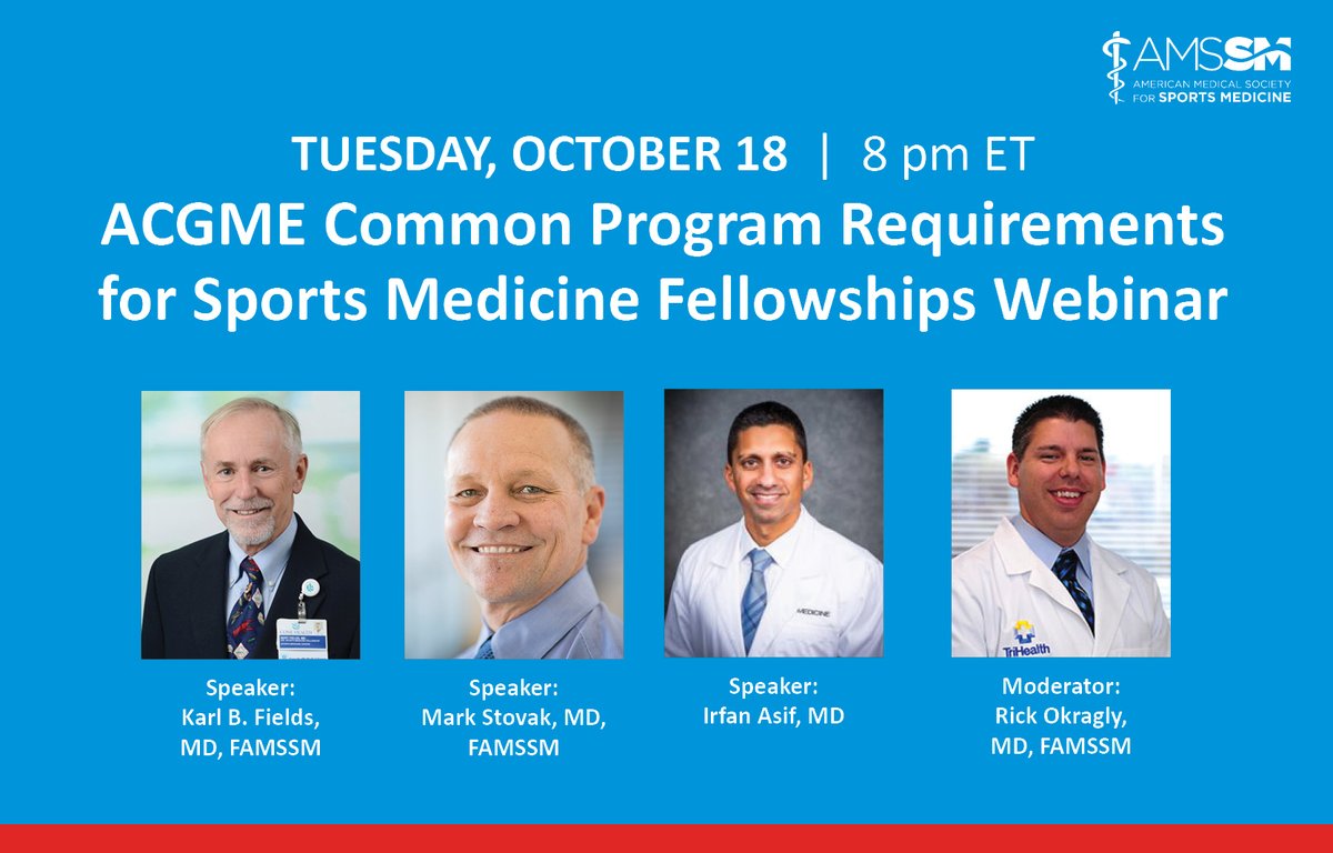TheAMSSM's tweet photo. Make plans to join tonight's webinar at 8 pm ET regarding the newly instituted ACGME Common Program Requirements for Sports Medicine Fellowships. Find the link at https://t.co/8Ep3DVX4BP https://t.co/ymehpP7kXM