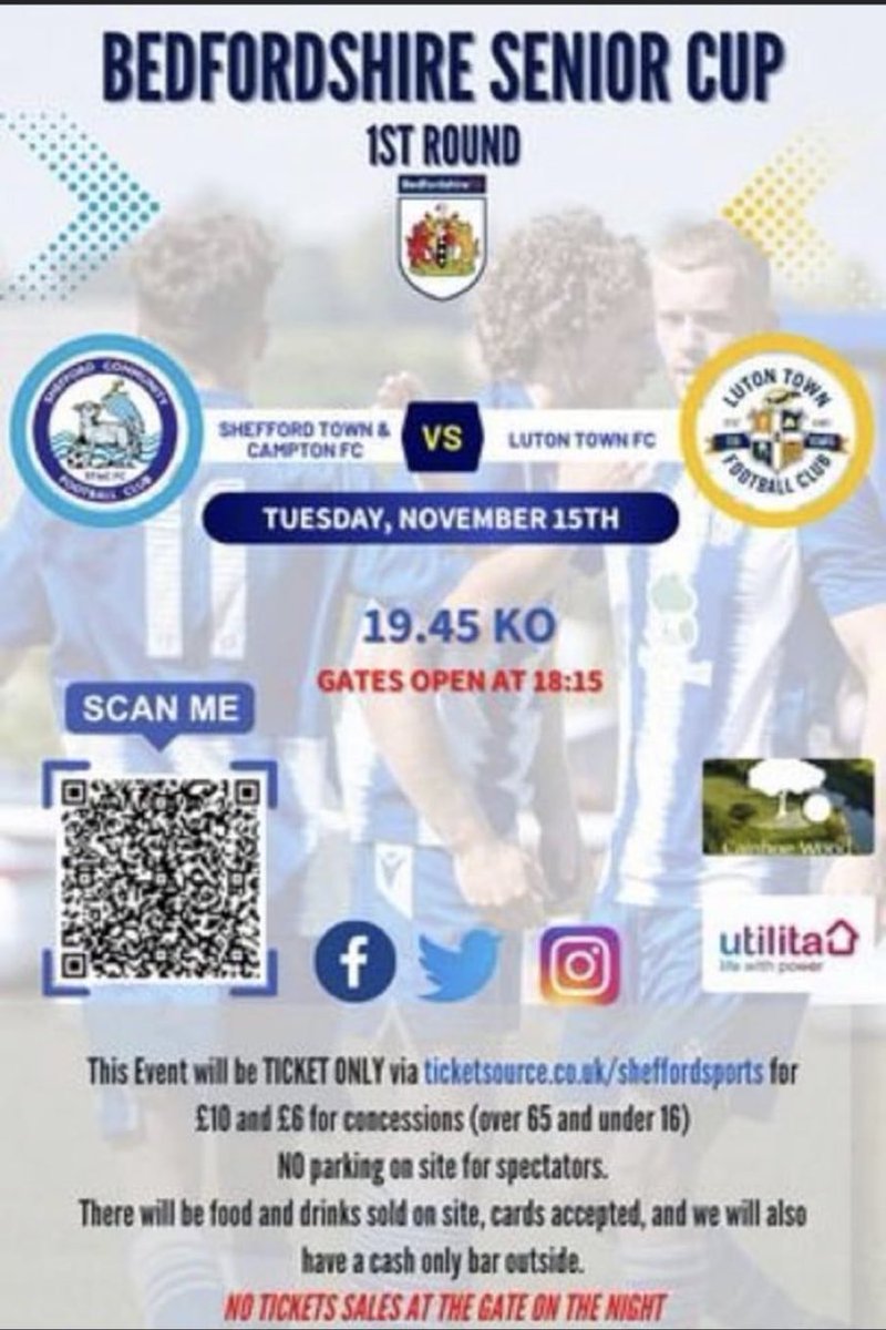 So excited to finally get it all organised for the mighty <a href="/LutonTown/">Luton Town FC</a> coming to the SSC Nov 15.

This match is tickets only with no tickets available at the club, so get yours asap to avoid missing out, we have a cap of the number available.
ticketsource.co.uk/sheffordsports

#BedsSeniorCup