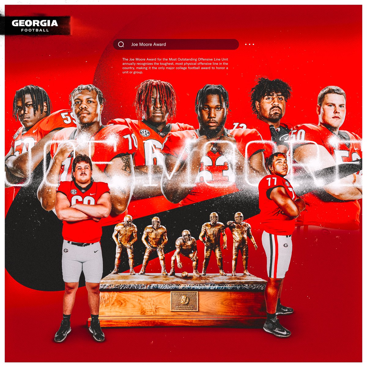 The Georgia O-Line is one of 22 teams named to the Joe Moore Award Midseason Honor Roll, recognizing the nation's most outstanding offensive line unit. #GoDawgs