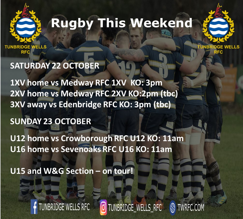 RUGBY THIS WEEKEND!

We have four adult squads in action this weekend - 1, 2 &amp; 3XV Mens have league games and Women &amp; Girls 1XV in action on tour in Cardiff!!

#oneTWRFC #COYW