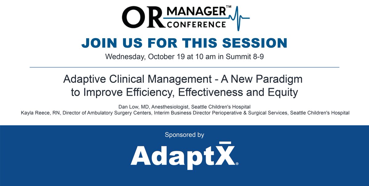 Headed to #ORMC2022? Don't miss the session "Adaptive Clinical Management - A New Paradigm to Improve Efficiency, Effectiveness, and Equity" with <a href="/DanLowMD/">Dr. Daniel Low</a> and Kayla Reece of Seattle Children's! 
Wednesday, Oct 19 at 10 am in Summit 8-9. 
#HealthEquity #adaptiveclinicalmanagement