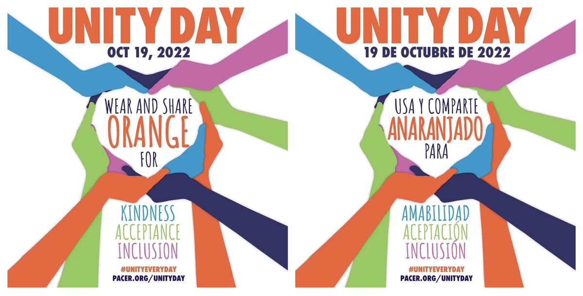 Tomorrow, Wednesday, October 19, is #UnityDay! Are you ready to wear orange and share kindness, acceptance and inclusion at your school? 🧡 #NationalBullyingPreventionMonth #NoPlaceForHate