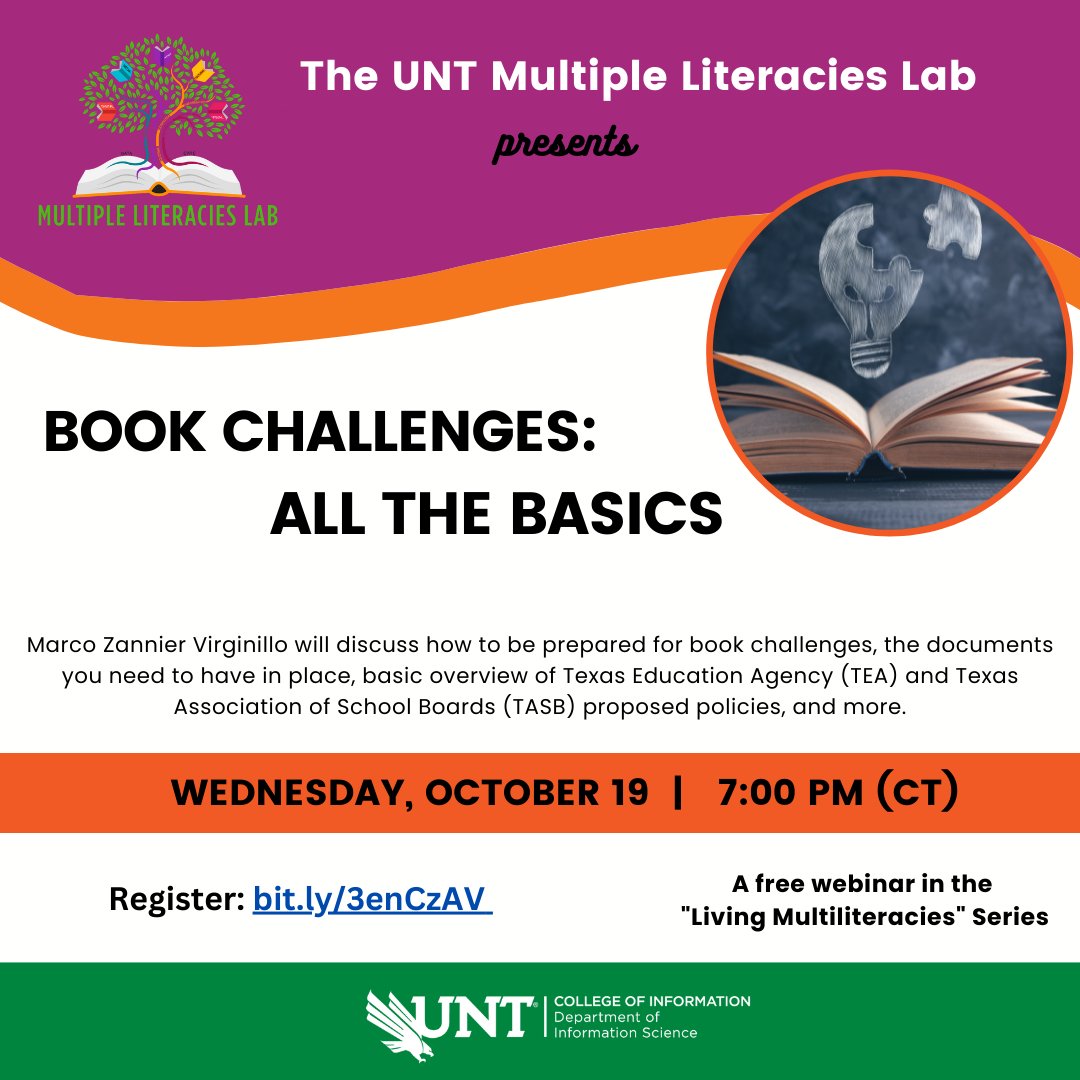 UNTInfoScience's tweet photo. Join us tomorrow, Oct 19 @ 7 PM for another presentation in our "Living Multiliteracies" Series. Marco Zannier Virginillo will provide a basic overview  of how to be prepared for book challenges. Register: https://t.co/PGzUT8UaZJ   
@TXLA @TxASL #libraries https://t.co/CoAHpKGtz0