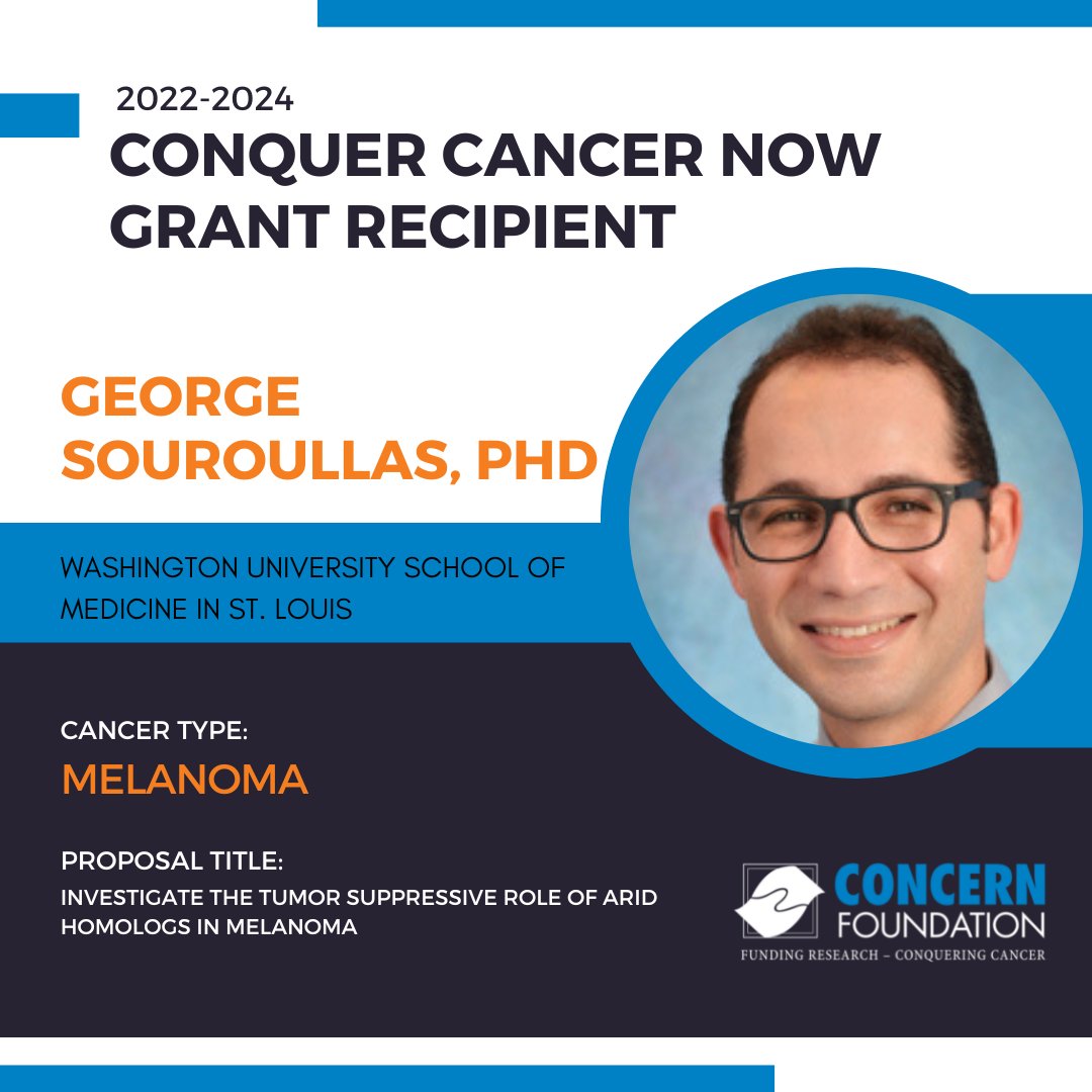 ConcernFdn's tweet photo. Congratulations to @SouroullasLab of @WUSTLMed
who is a recipient of our 2022-2024 #ConquerCancerNow award for his #cancerresearch project on #melanoma.
#cancer #research #fundingresearch #skincancer #immunology  #CANCERSUCKS #oncology #cancerresearcher #concernfoundation https://t.co/3L39vdoADE