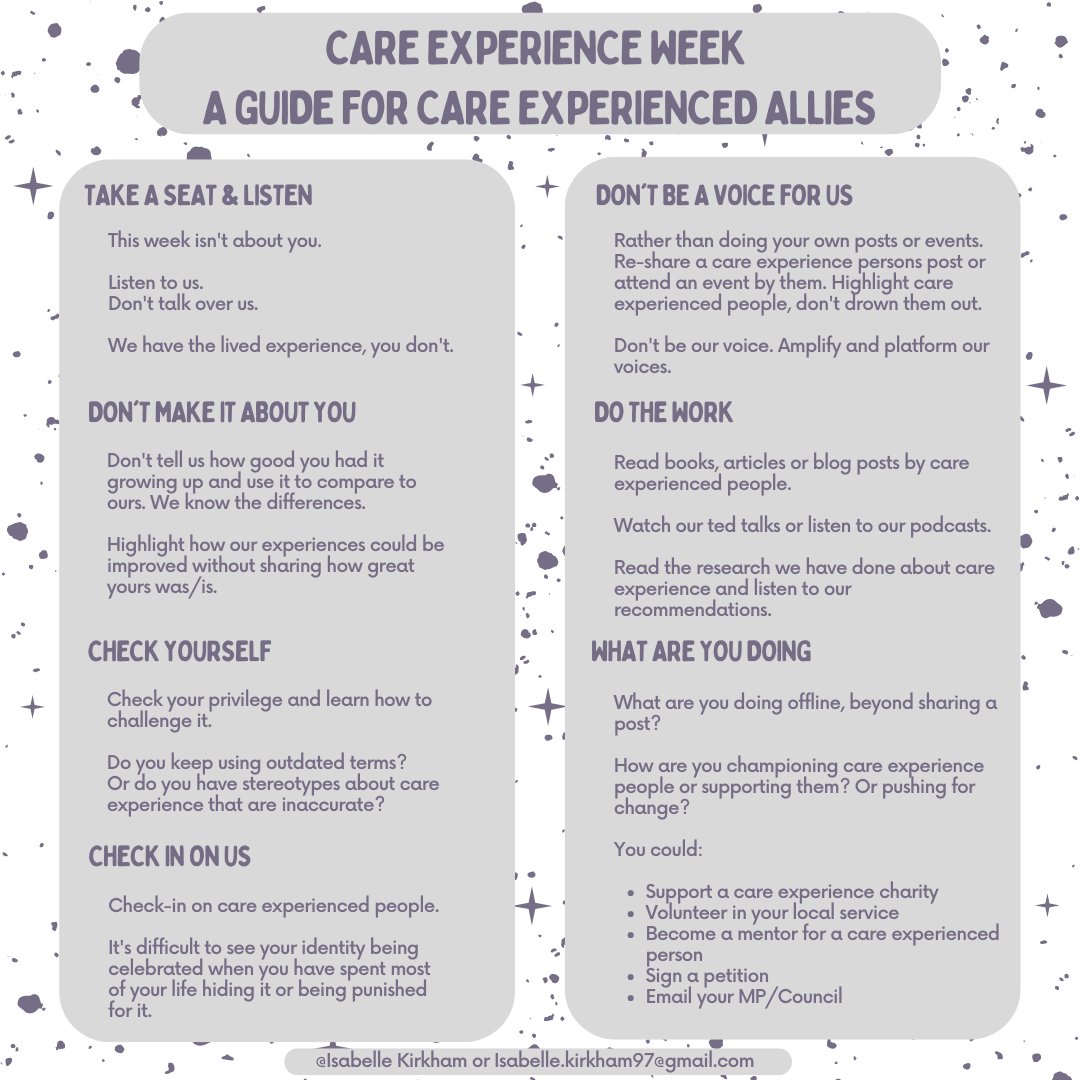 I'm hyper-aware that it's Care Experience Week next week. I often find it to be tokenistic and I'm usually unsure how to challenge that. 

So I have made this mini guide for care experienced allies on how they can make next week more bearable for CEP.

#NCEW22 #NCLW22 #CEP