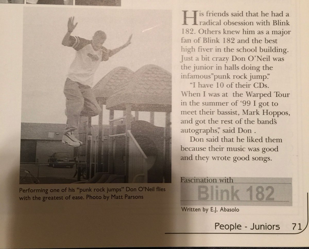 donaldclarence's tweet photo. Scalpers bought all the @blink182 Houston tickets. Can @markhoppus @tomdelonge @travisbarker help out a kid who was so obsessed with Blink in 1999 that his school wrote about it in the yearbook? #hoppos https://t.co/Kf8y8nemQn