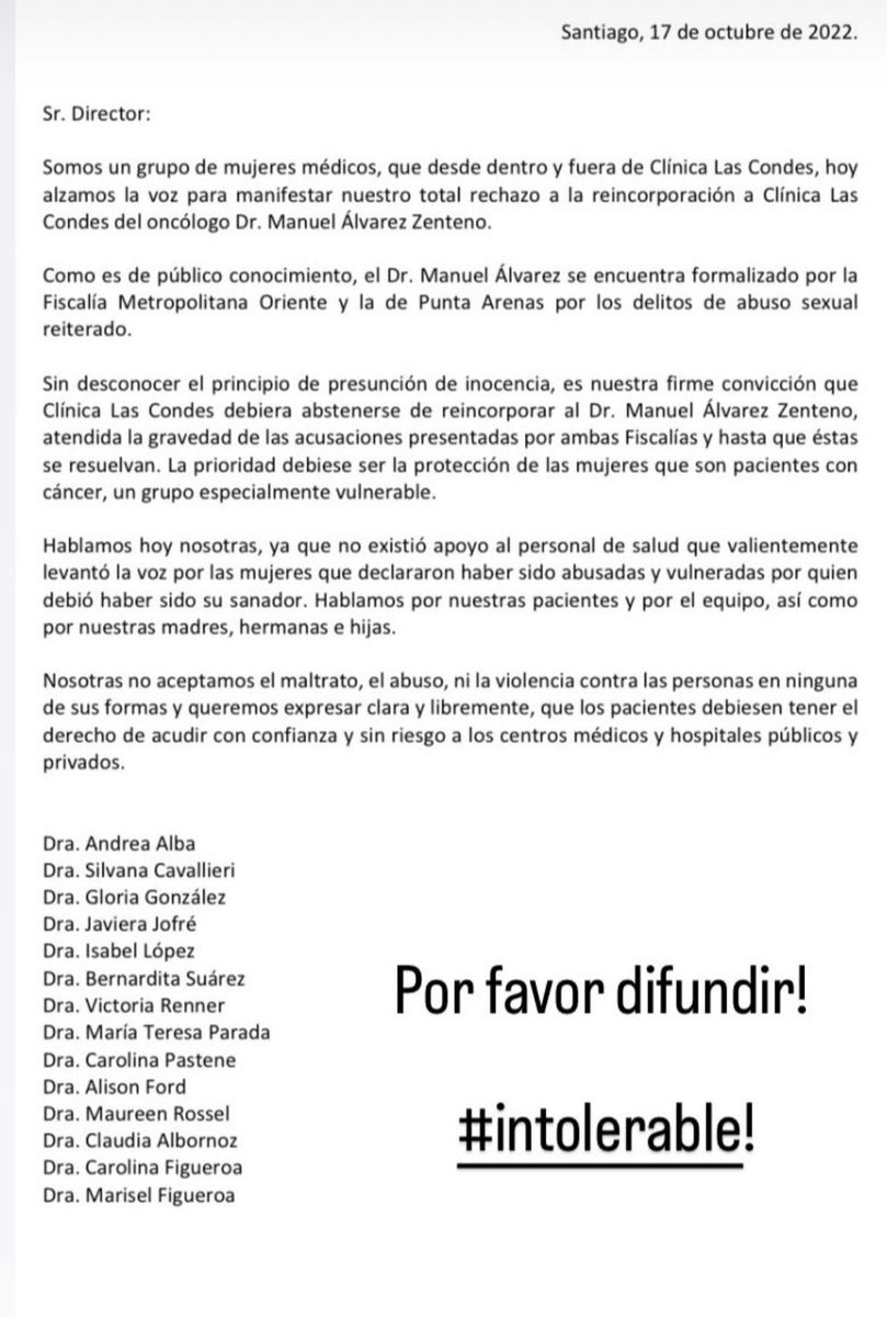 Aplaudo a estas médicas que se atreven a alzar la voz ante la reincorporación del médico Manuel Álvarez Zenteno a Clínica Las Condes antes de que concluya investigación por abusos se cuales reiterados.