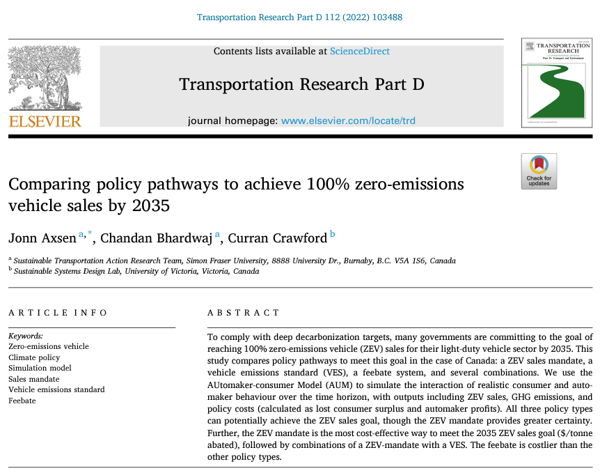 SFU_START's tweet image. New modeling research from @JonnAxsen and Chandan Bhardwaj compares policy pathways to reach 100% ZEV sales by 2035 - of the policies evaluated, a ZEV mandate is the most effective way to achieve the goal, with least uncertainty. 

Read the full paper: doi.org/10.1016/j.trd.…