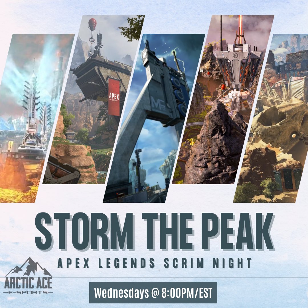 ArcticAceCA's tweet photo. Calling all Apex Legends fans! Tomorrow is Scrim Night, starting at 8PM/EST in our discord!

Tomorrow is the last time we will host on a Wednesday night, but we will be moving to Tues/Thurs scrim nights!!

May the best team win 😏 #stormthepeak #algs #apexlegends #apexscrims https://t.co/15hE3TNb6O
