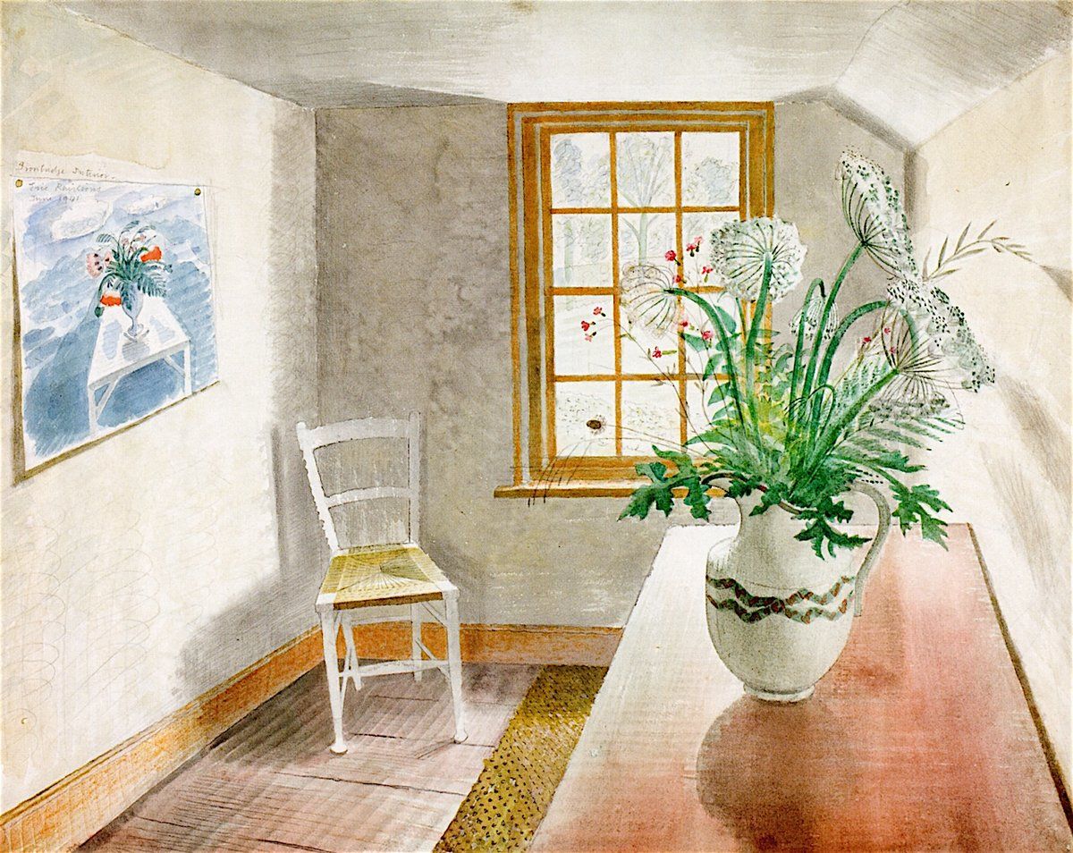 Ironbridge Interior, Eric Ravilious, 1941. This depicts the interior of Ironbridge Farm at Shalford in #Essex. The original artwork is in the collection of @TownerGallery.