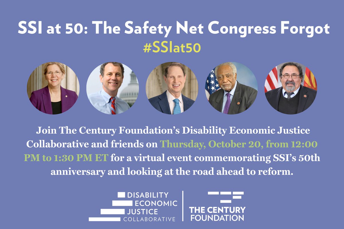 This month, #SSI turns 50. But it's a bittersweet anniversary, since SSI's been left to wither on the vine for nearly as long. Join @DEJCollab @TCFdotorg @SenWarren @SenSherrodBrown @RonWyden + friends this Thurs. for a virtual event on #SSIat50 & the road ahead to #UpdateSSI!