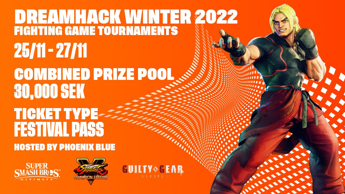 We're going to <a href="/DreamHackSE/">DreamHack 🇸🇪</a>! 🚀

We will be hosting tournaments in Super Smash Bros. Ultimate, Street Fighter V, and Guilty Gear -Strive- at <a href="/DreamHack/">DreamHack</a> Winter 2022.

Get your Festival Pass and compete for a share of the 30,000 SEK prize pool.💰

Register: start.gg/tournament/dre…