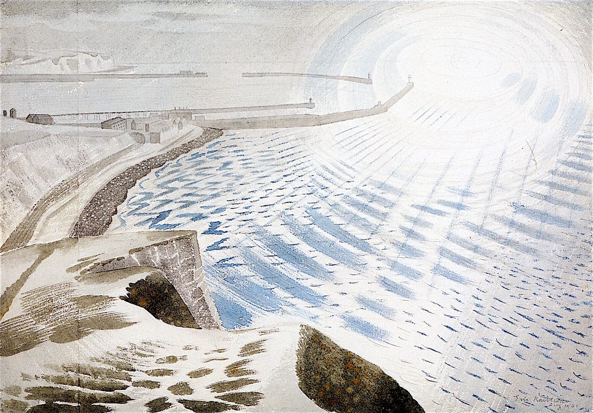 Cross Channel Shelling, Eric Ravilious, 1941. It depicts the port of #Dover in #Kent during the early years of #WW2. The original artwork is in the collection of @WhitworthArt.