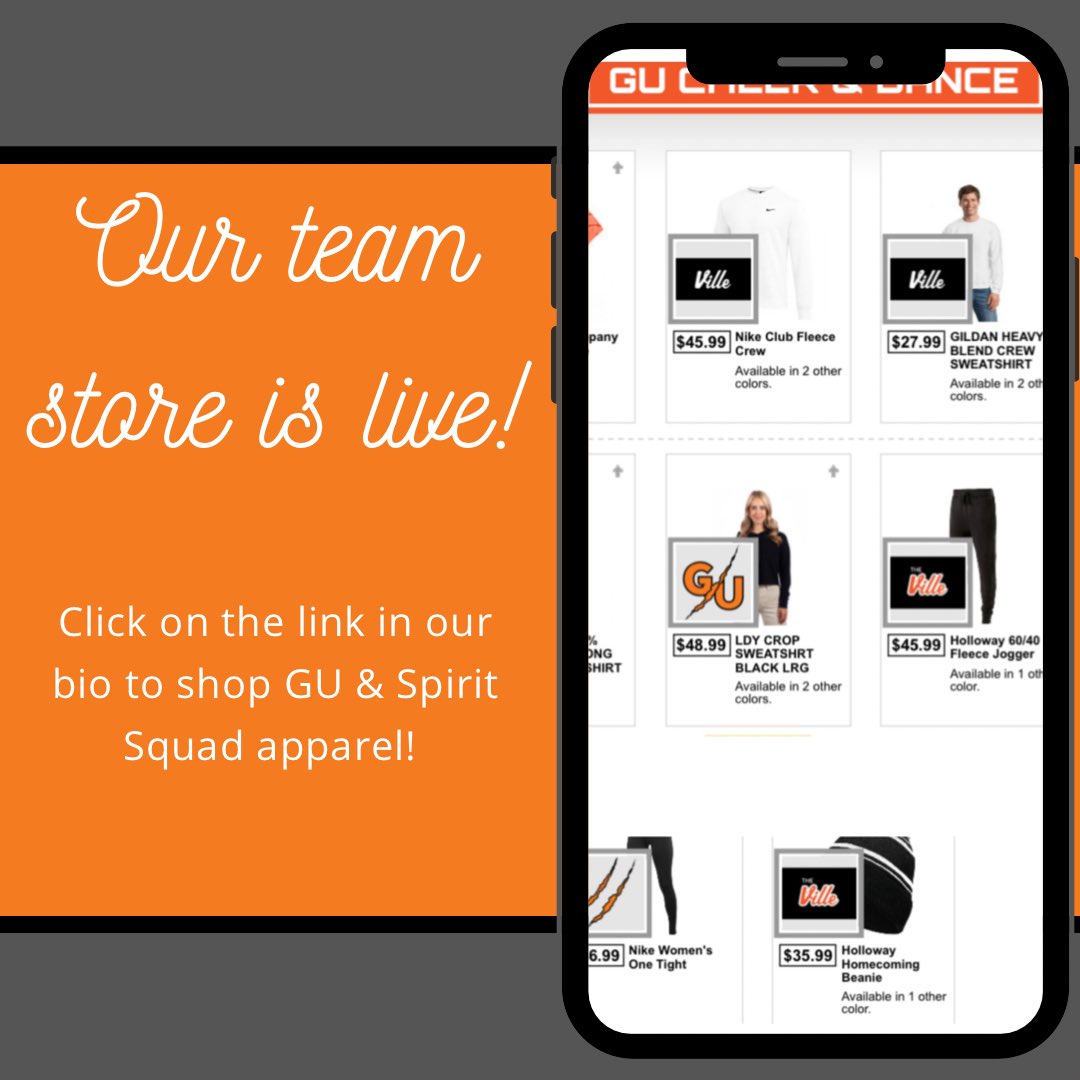 Our team store is live!!! Go get some GU and GU Spirit Apparel. The store closes on Oct 28th! All items will ship to us on campus.  
bsnteamsports.com/shop/drw3BwSZFM 
#teamstore #spiritsquad #collegedance #gupantherdance