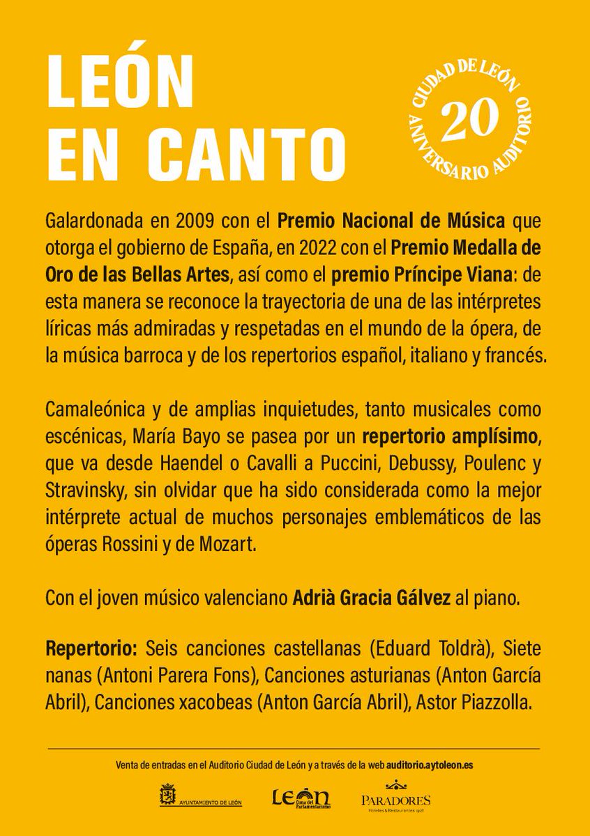 AytoLeonCultura's tweet photo. ◼︎ Este viernes, continúa el ciclo 'León en canto', con el que celebramos el 20° aniversario del Auditorio.

🎤 Contaremos con la prodigiosa voz de una de las intérpretes líricas más admiradas: @Maria_Bayo

🎟️ https://t.co/jXYoK0zEK3

#AytoLeónCultura #LeónEnCanto https://t.co/TyFJYxgolU