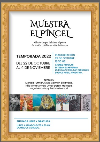 PatryCode's tweet image. El 22 de octubre , a las 18,30 hs se inaugura la muestra EL PINCEL, en el Ateneo Popular Esteban Echeverría ( 25 de Mayo 1168 - San Fernando - Provincia de Buenos Aires. Entrada Libre y Gratuita de Lunes a Sábados de 18 a 20 hs ( domingos : cerrado ) hasta el 4 de noviembre.