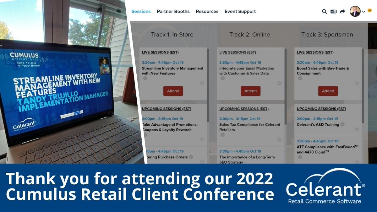 CelerantTech's tweet photo. 2022 ANNUAL CLIENT CONFERENCE: We are in the middle of day 2 of our annual conference for retailers that use #CumulusRetail. Thank you to our speakers๐ค & partners for making this event great, & clients for taking time out of your day to attend! ๐๐ฝ
#ClientCon22 #virtualconference https://t.co/w15BJBgxFU