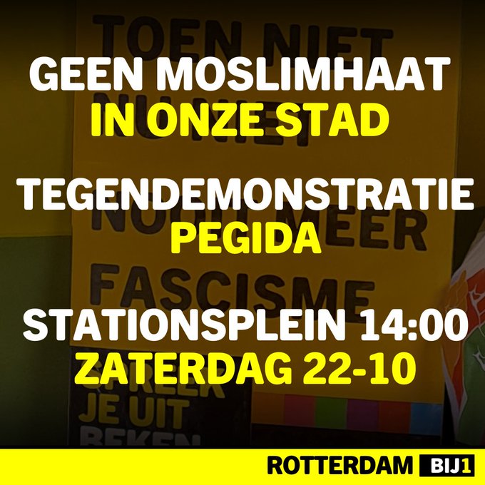 Geen moslimhaat in onze stad. Tegendemonstratie Pegida. Stationsplein 14:00 Zaterdag 22-10