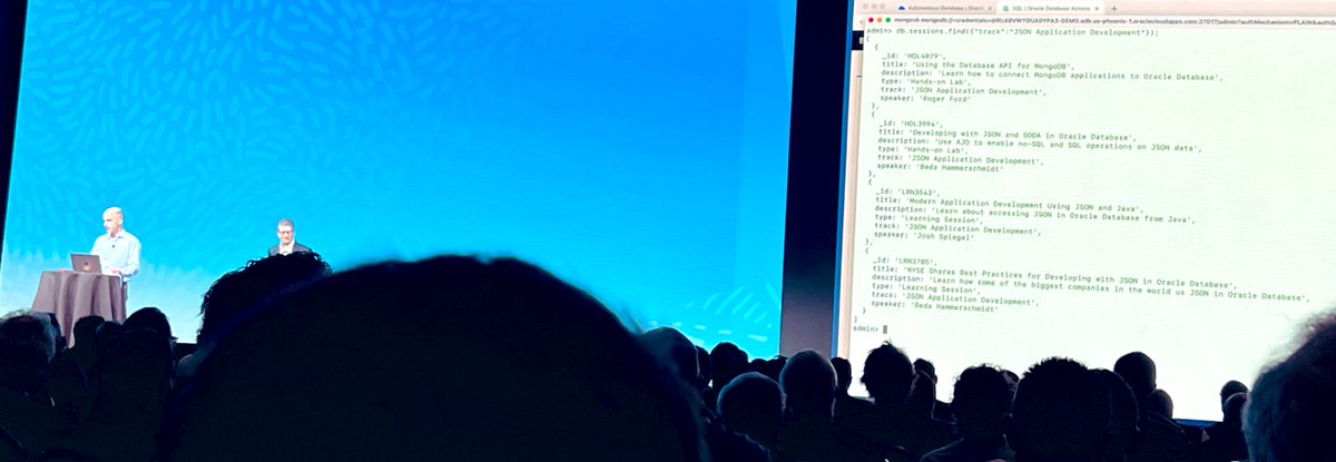 The lovely Josh demoing #mongo database API working against a JSON collection in a #Oracle #Database #cloudworld