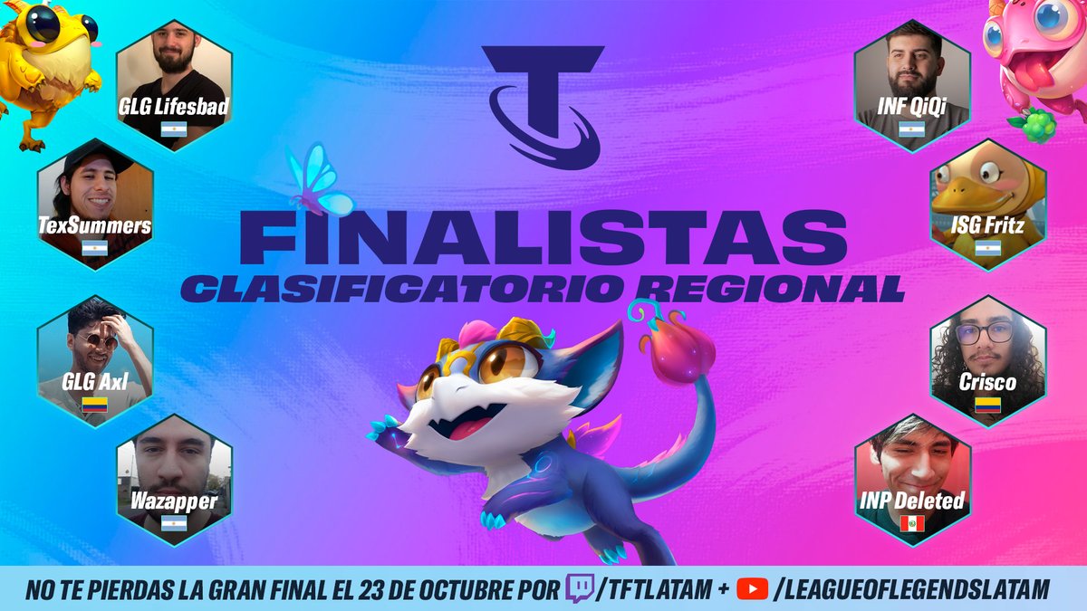 📢 ¡Se viene la final del Regional #SomosTFT y los 3 mejores nos representarán en el Mundial! ¡Y 2 más irán al LCQ! 🏆 ¿Están listos, estrategas? 

<a href="/LifesBadTFT/">LifesBad</a>
<a href="/FanTheQiQi/">LFT QiQi</a>
<a href="/tex_summers/">Tex Summers</a>
<a href="/FritzKreisler1/">FRITZ</a>
<a href="/AxLRoselol/">AxL</a>
<a href="/crisc013/">crisco</a>
@Wazapper22
<a href="/JosueDeleted/">JosueDeleted</a>

¡Nos vemos el domingo!