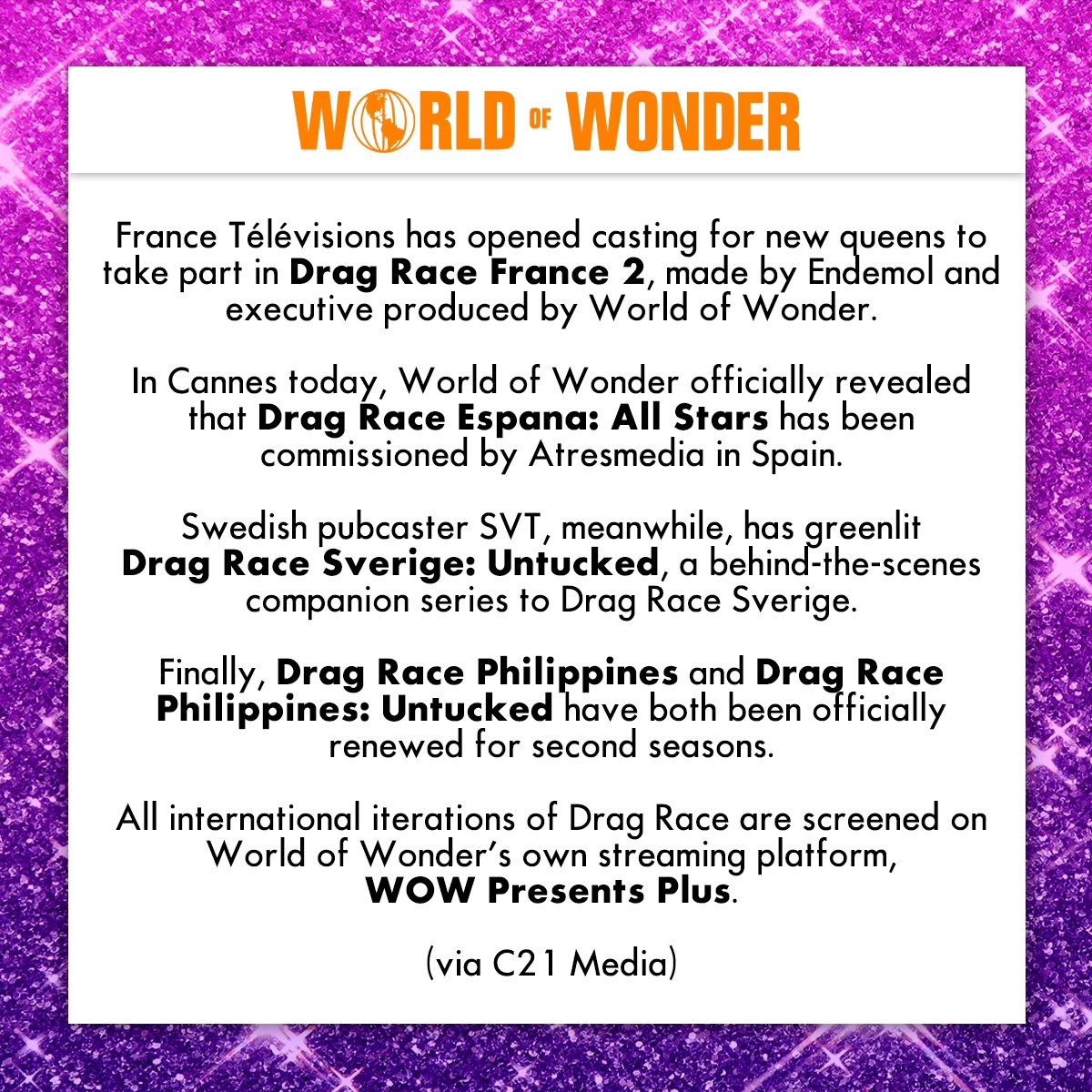 WorldOfWonder's tweet photo. #DragRace franchise is having a moment today! 🤩

Today at #MIPCOM, we're thrilled to officially announce:

🇵🇭 #DragRacePH &amp; Untucked S2
🇸🇪 #DragRaceSverige Untucked
🇫🇷 #DragRaceFrance S2
🇪🇸 #DragRaceEs All Stars

All series premiere on @wowpresentsplus, full availability TBA 👑 https://t.co/TwECUaAMLs