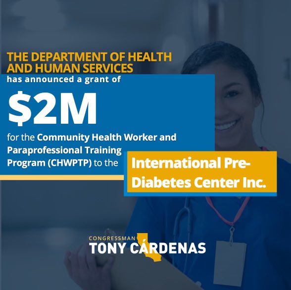 Proud to announce theInternational Pre-Diabetes Center Inc. in Panorama City has received a grant of $2 million from @HHSGov! The Pre-Diabetes Center will use this resource to train more community health professionals who will work to improve public health here in the Valley.