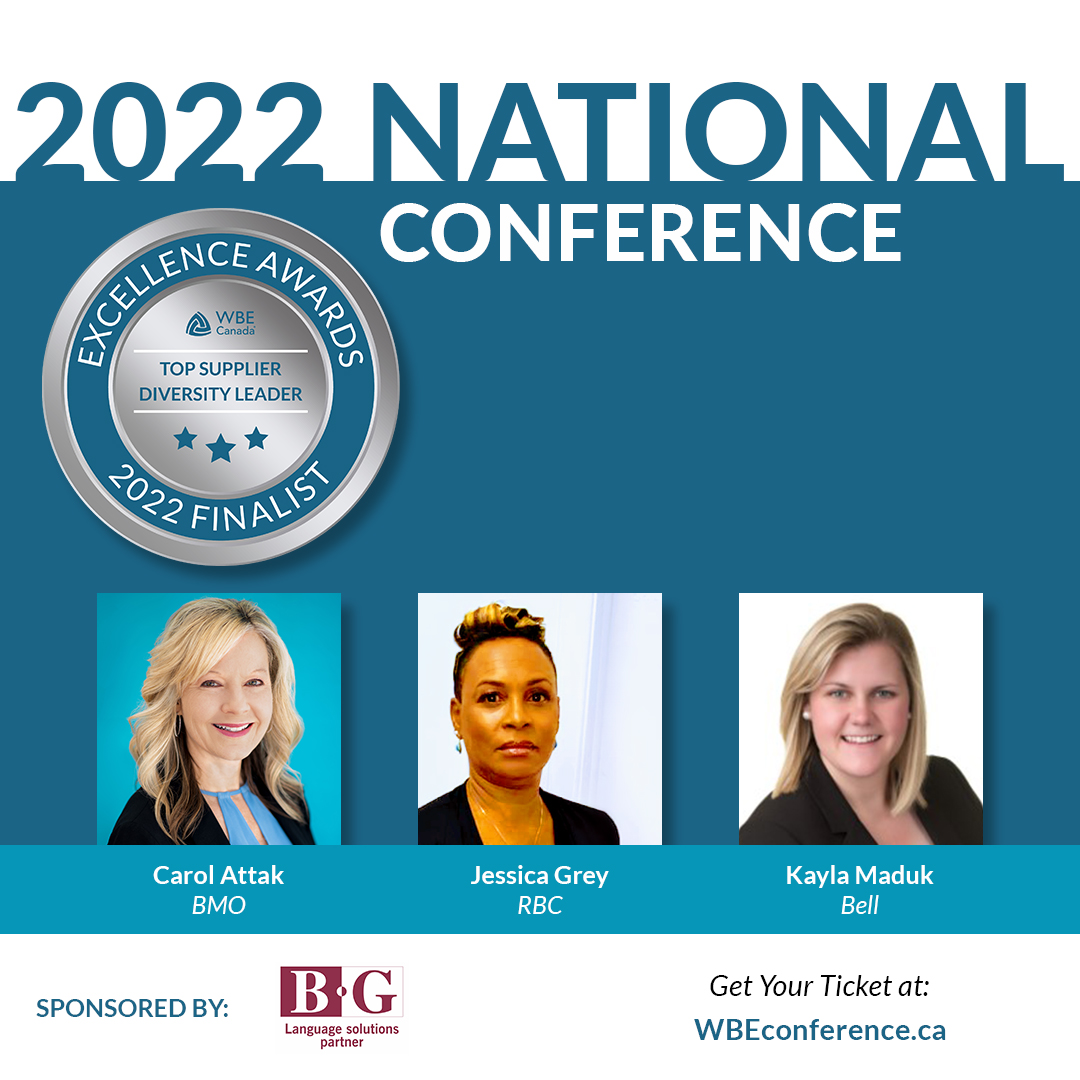 We’re so proud to introduce the finalists for our 🏆Top Supplier Diversity Leader🏆 Award:

🌟 Carol Attak, <a href="/BMO/">BMO</a>
🌟 Jessica Grey, <a href="/RBC/">RBC</a>
🌟 Kayla Maduk, <a href="/Bell/">Bell</a>

Join us at the 2022 #WBEconference Nov 9-10 to hear our award winner announcements first hand!
ed.gr/eb1gw
