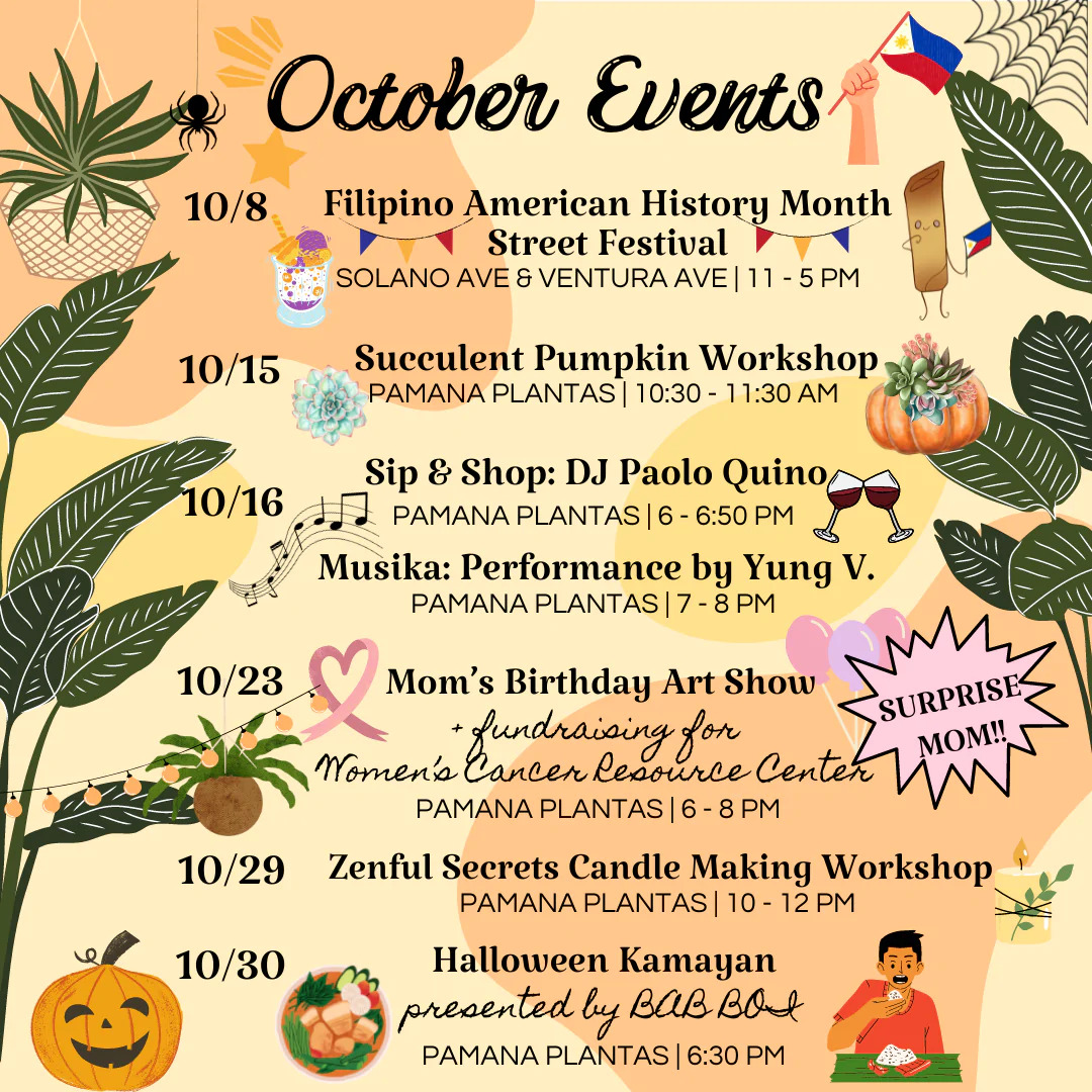 We are thrilled to be joining Pamana Plantas this Sunday for their surprise birthday art show for their mom! ❤️🎁 Come by their location at 1615 B Solano Ave on Sunday, 10/23, between 6 and 8pm and say hi!