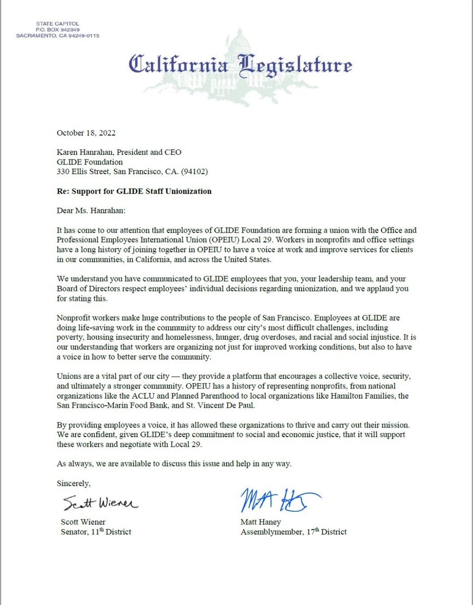 Glide_United's tweet image. Senator Wiener and Assemblymember Haney have entered the chat.

Our sincerest gratitude goes out to
@Scott_Wiener and @MattHaneySF for voicing their support for Glide United and improving the workplace conditions of our staff 🙏

#workplacedemocracy #glideunited  #unionstrong