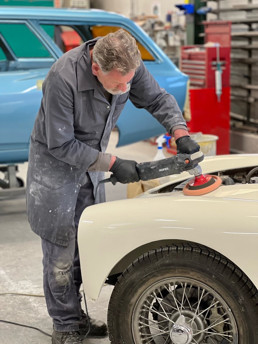 The MG A  - Dickie gave its fresh paint a good polish this morning!  Busy day today - more to share tomorrow.  Have a good evening, everyone! #classiccars #mga #mg #sleeptight