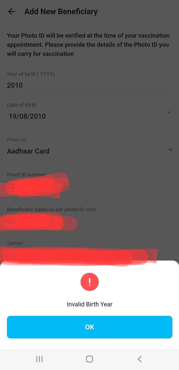 @SA_PhD @KP01011 How do I register 12 year old child for vaccine beneficiary on App as child just turned 12 yr old & @Arogyasetu App is not allowing it to add with error ' INVALID YEAR'? Can u pls help as no support from App?