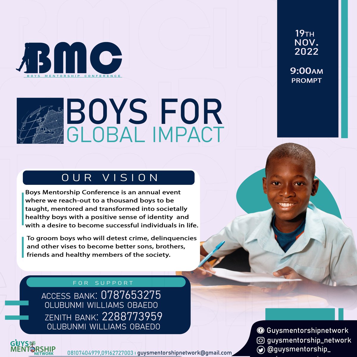 mentoring_boys's tweet photo. We will no longer just complain, we have chosen to do something. We can make a difference in the life of our boys. This year's edition of BMC focuses on raising boys for Global Impact. 
#BMC #BOYSFORGLOBALIMPACT #MENTORABOY #GUYSMENTORSHIPNETWORK @SavetheBoysIni1 @MentorABoyChild https://t.co/pGFzZcZ9ms