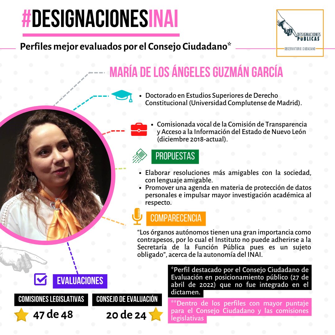 designaciones's tweet photo. #DesignacionesINAI | 🔎 Conoce la trayectoria y propuestas de Ángeles Guzmán García (@AngelesGuzman_), aspirante a comisionada del @INAImexico. 

Indispensable que la #JUCOPO del @senadomexicano garantice una designación con los perfiles más idóneos. 

#SinCuotasNiCuates https://t.co/3e5rfVpKUl