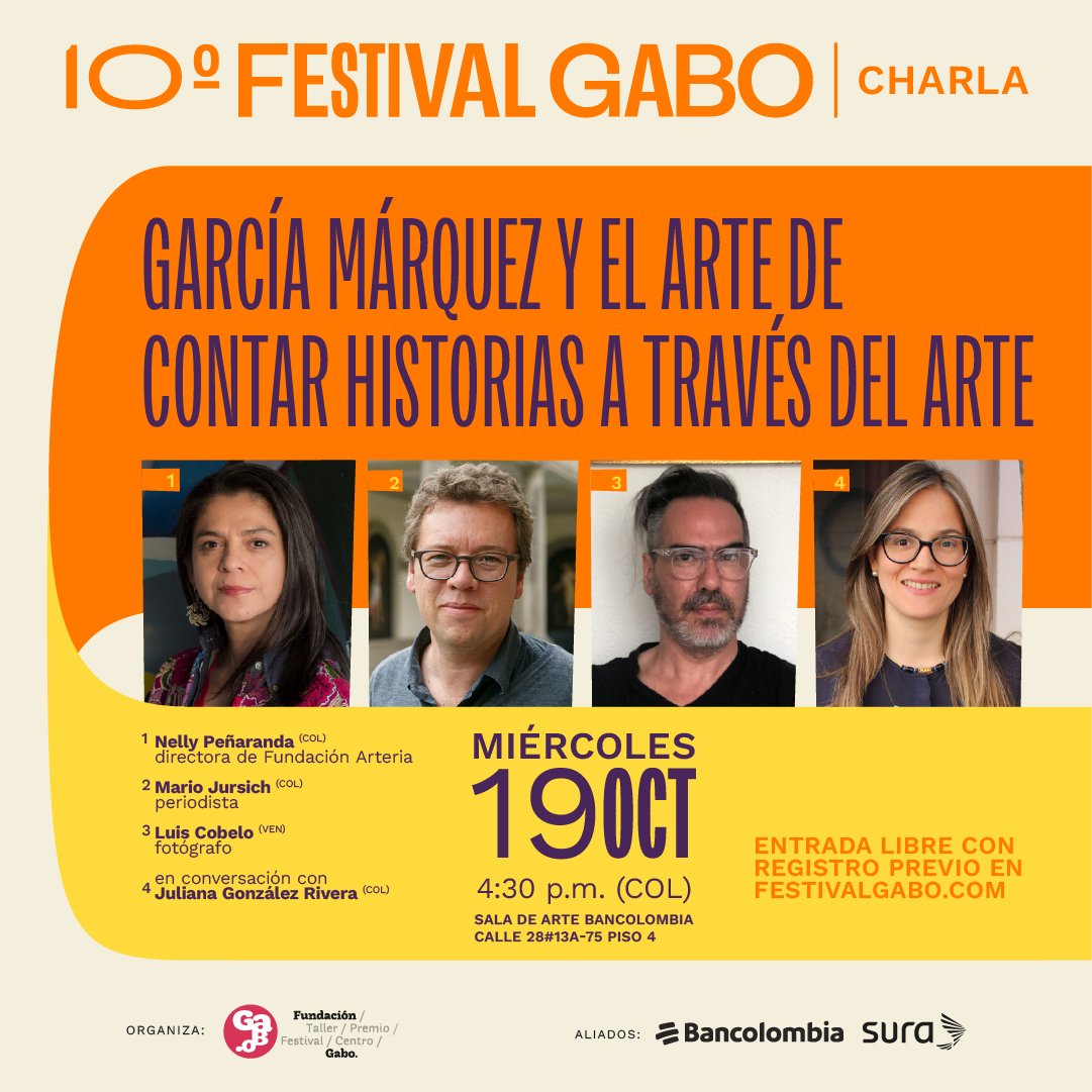 ¡ES HOY! 😍

🧐¿Te gustaría conocer cuál era la relación de Gabo con el arte? 🖼

En esta charla <a href="/NellyPenaranda/">𝙹𝚊𝚜𝚘𝚗</a>, <a href="/JursichMario/">Mario Jursich</a>, @luiscobelo, y <a href="/juligonza26/">Juliana González-R</a> sobre cómo contar historias a través del arte y cómo García Márquez vivía el arte. 📝

 ✍🏼bit.ly/3VDeZkj