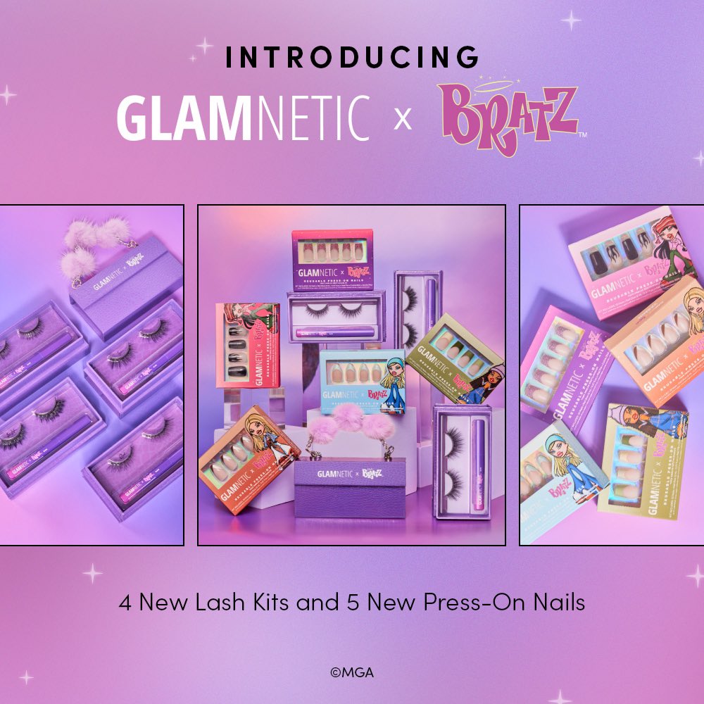 Bratz pack, assemble!💋Introducing Glamnetic x Bratz Collab!🔥 ✨4 Bratz character-specific lash kits, nail sets, + a Bratz branded nail set ✨1st collection with a medium-square nail shape ✨Exclusive packaging perf for Bratz fans 🛍Launching 10/20/22 @ 10AM PST