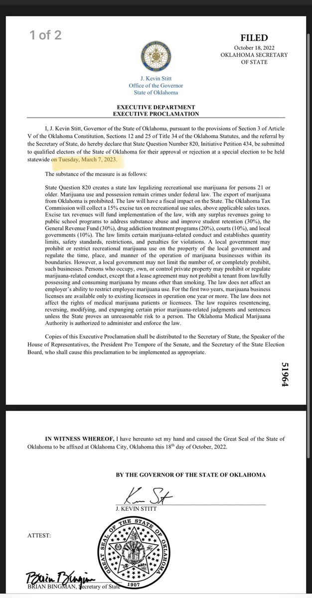 🚨NEW: Oklahoma will vote on recreational marijuana March 7, 2023.