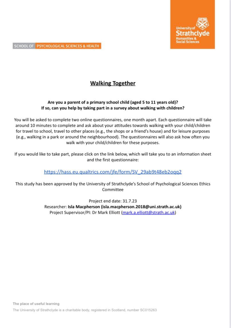 My friend is looking for participants to complete a questionnaire for her dissertation “Walking Together” studying parents attitudes towards walking with their children. If any parent could spare a few minutes to do this that would be amazing, thankyou!🥰 hass.eu.qualtrics.com/jfe/form/SV_29…
