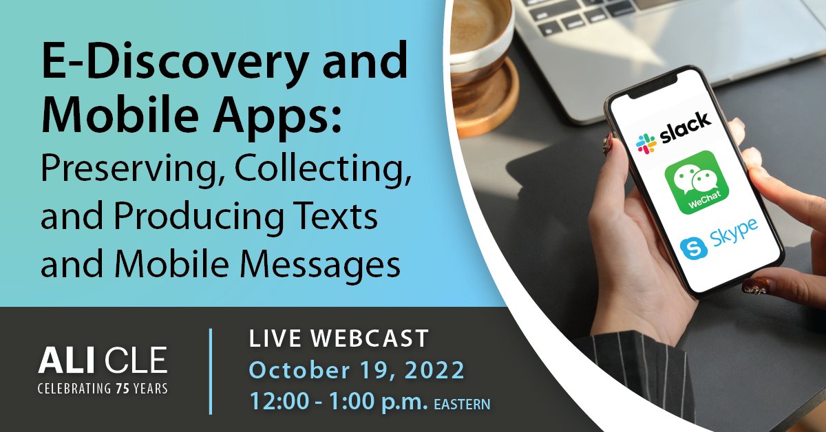 What are the challenges related to mobile app messages? What about Slack and WeChat? 

These questions and more will be answered during our premium webinar, E-Discovery and Mobile Apps: Preserving, Collecting, and Producing Text and Mobile Messages.

bit.ly/3DZrK2y