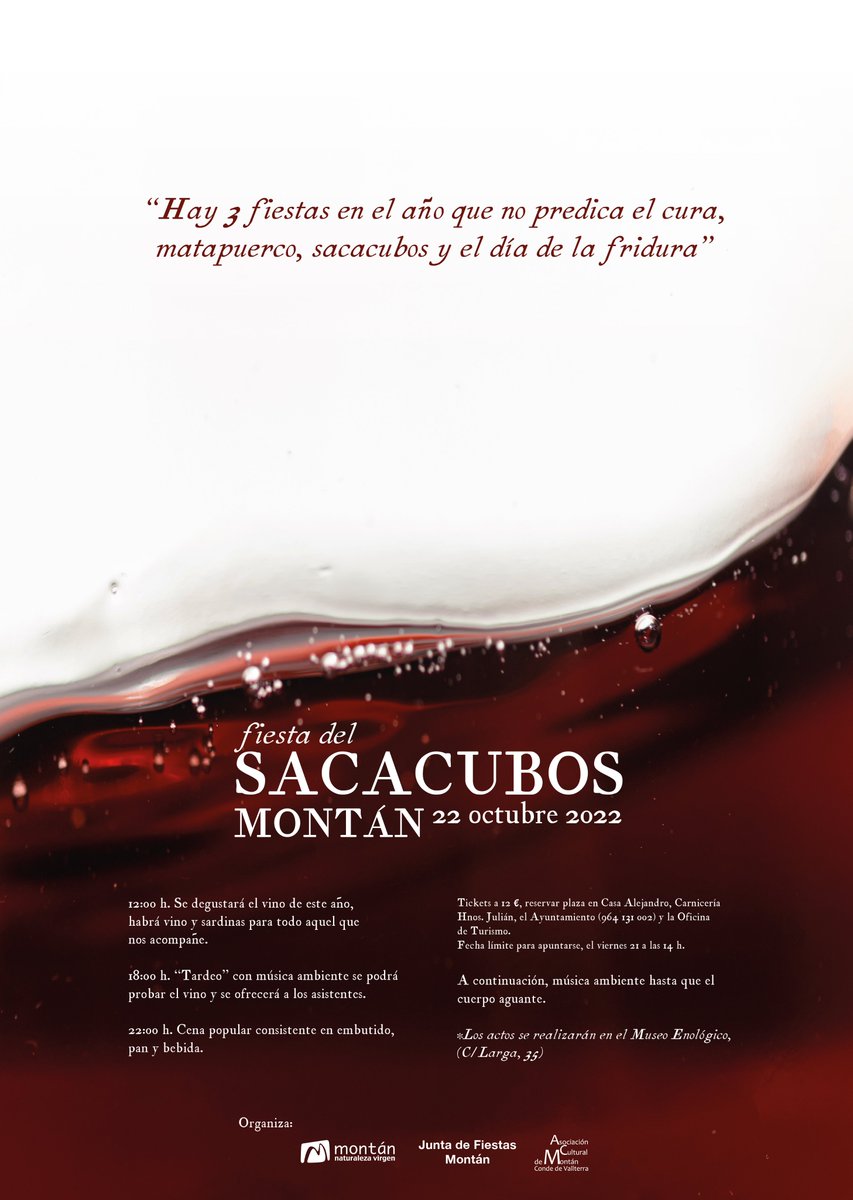 Montan_nv's tweet photo. Os recordamos que este sábado será uno de los "3 días al año que no predicará el cura"
Tendremos la...
🍇 𝗙𝗶𝗲𝘀𝘁𝗮 𝗱𝗲𝗹 𝘀𝗮𝗰𝗮𝗰𝘂𝗯𝗼𝘀 🍷
En el Museo Enológico (C/ Larga 35) tendremos actividad todo el día, desde las 12 del mediodía.
#Montán #sacacubos #vino #tradición https://t.co/tJZ7DuiCey
