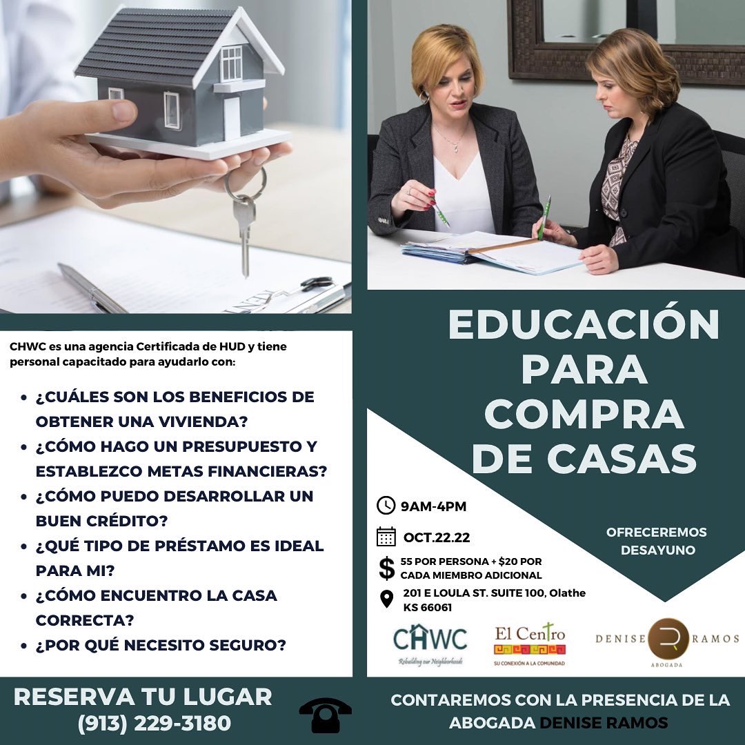 AbogadaDenise's tweet image. Mi gente!! No se pierdan de este interesante curso para los compradores de casa organizado por nuestros amigos de @ElCentroInc  y @CHWCINC  

Para asegurar su lugar deberán llamar al ☎️ (913) 229-3180