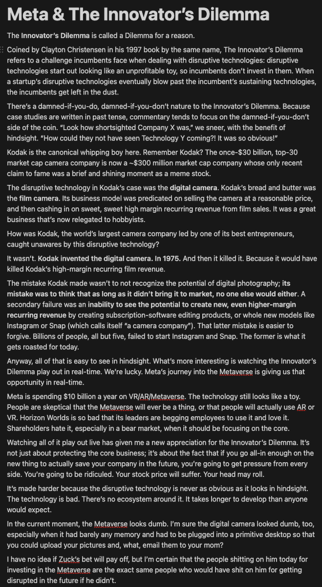 packyM's tweet image. A (Very Long) Screenshot Essay on Meta &amp;amp; The Innovator's Dilemma