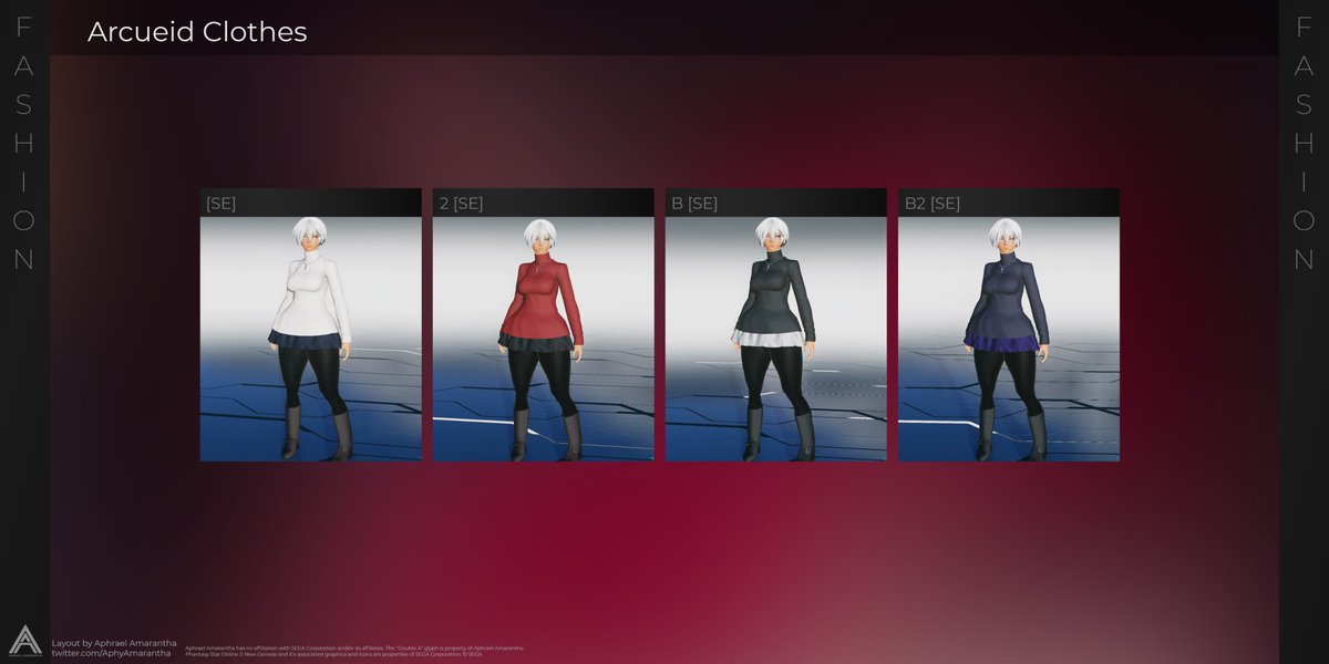 AphyAmarantha's tweet photo. My first #PSO2Fashion post is now available on my Patreon page! Check out available options, colors and more for Melty Blood Type 2 fashion!
#PSO2NGS
Link available below. https://t.co/YQZKQmy2FB