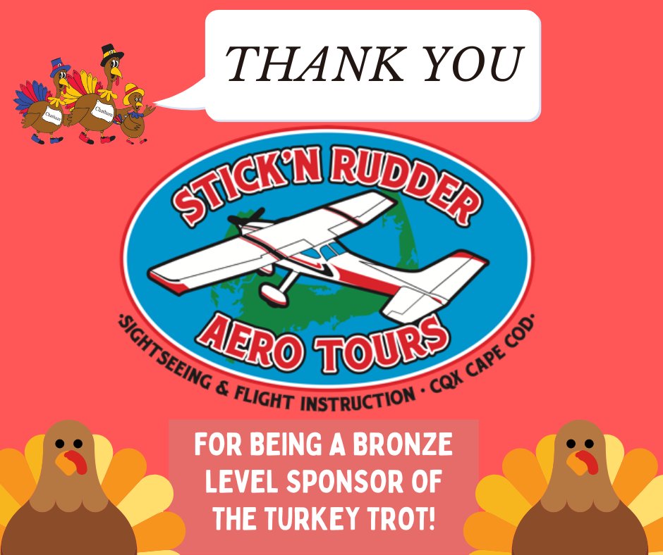We are so thankful to Stick 'N Rudder Aero Tours for being a Bronze Sponsor of the Turkey Trot! 🥉
Want to experience Cape Cod with a 'birds eye view' of the magnificent beaches? Stick 'N Rudder aero tours operates sight-seeing flights throughout the cape.